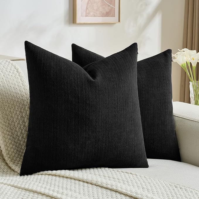 FUTEI Black Decorative Throw Pillow Covers 18x18 Inch Set of 2,Soft Cozy Wheat Ear Striped Patterns Cushion Cases,Modern Home Decor for Couch Bed Living Room