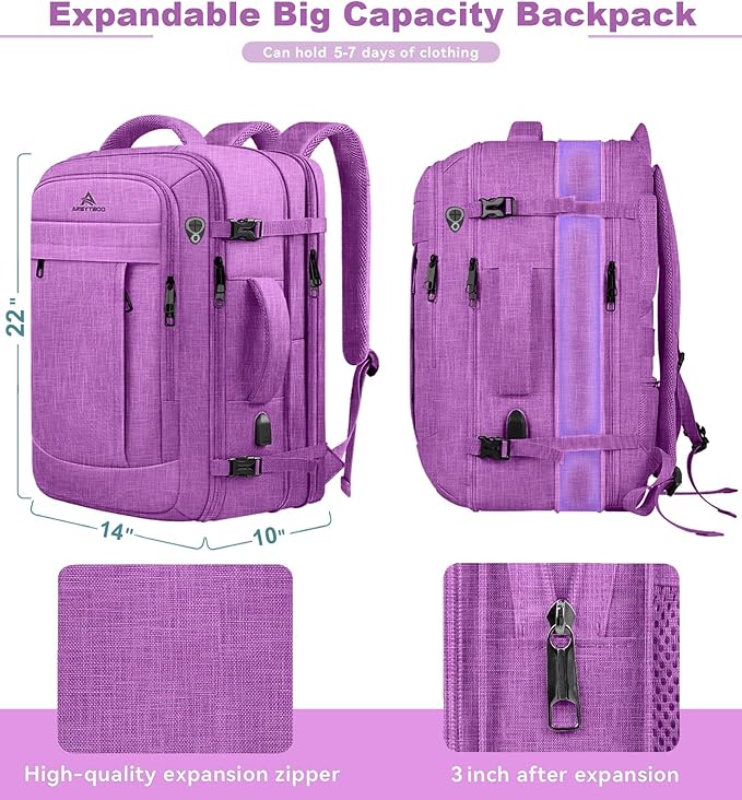 60L Carry On Backpack, Extra Large Laptop Backpack, Big Capacity Travel Backpack for Women, Expandable Water Resistant Bag Anti-Theft Business Daypack Fit 18 Inch Laptop with USB Port,Purple