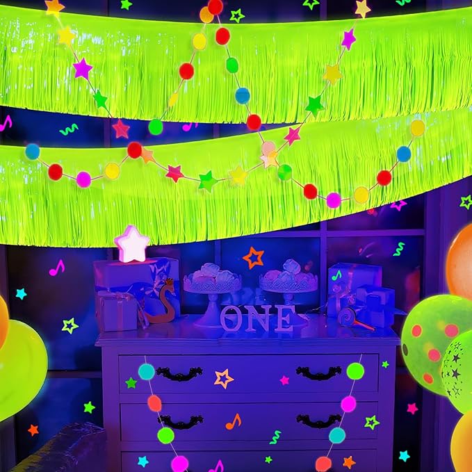 Mega-L Glow in The Dark Party Supplies, 4 Pack Foil Fringe Garland Birthday Party Decorations 9.8 ft Fluorescent Macaron Yellow Metallic Tinsel Streamers Banner, Glitter Photo Booth Prop Table Skirt