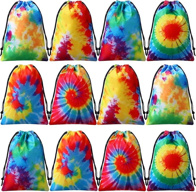 24 Pcs Tie Dye Party Favor Bags Drawstring Birthday Gift Bag Candy Goodie Treat Bag Colorful Snacks Bag, Polyester Wrap Bags for Retro Tye dye Beach Party Decor School Supplies (9.8 x 7.1 Inch)