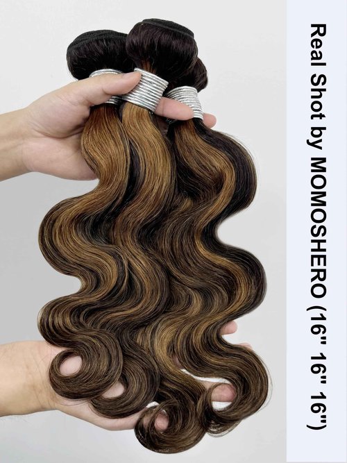 MOMOSHERO Brown Highlight Body Wave Bundles Human Hair 24 In, 12A Soft and Glossy Blonde Balayage Ombre One Bundles 100% Remy Hair Single Ombre Bundle #1b/30 Piano Color Dark Root