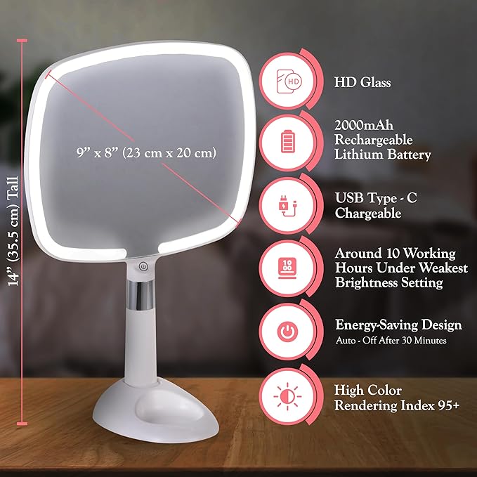 MIRRORVANA Lighted Travel Hand Mirror with Comfy Handle and Detachable Stand - Portable, Thin and Lightweight Design - Rechargeable with 3 LED Light Settings - 9" x 13" (White)