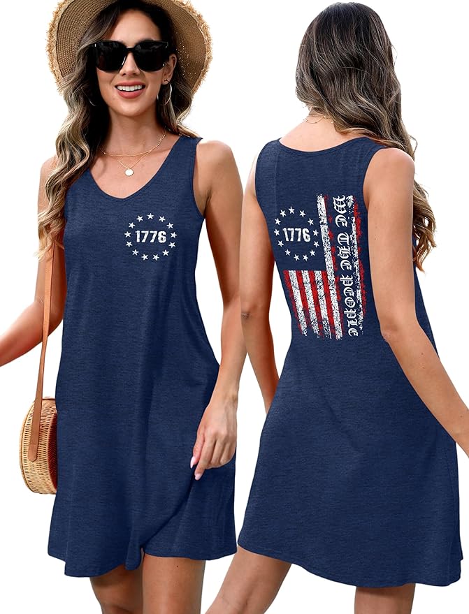LHBNK 4th of July Dress for Women: American Flag Tank Dresses Star Striped Splicing Loose V Neck Sundresses