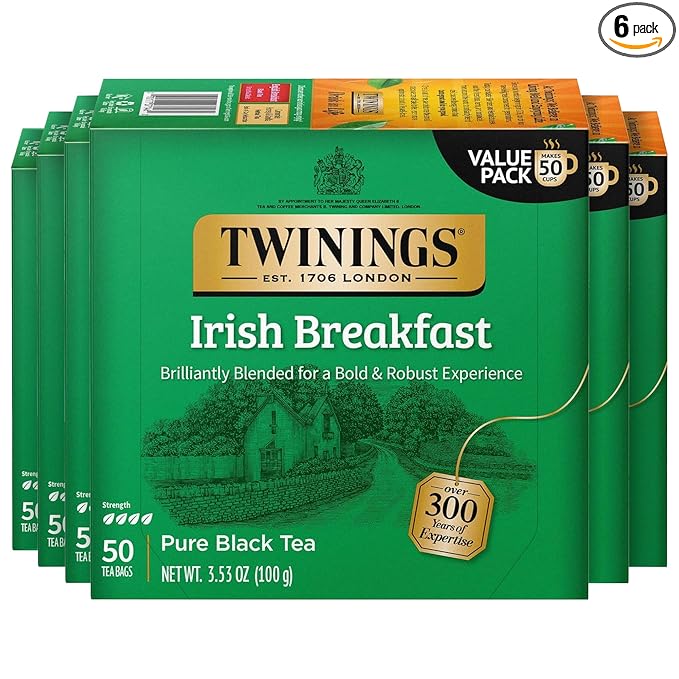 Twinings Irish Breakfast Black Tea Individually Wrapped Bags, 50 Count (Pack of 6), Flavourful, Bold, Robust, Caffeinated, Enjoy Hot or Iced, 300 Teabags