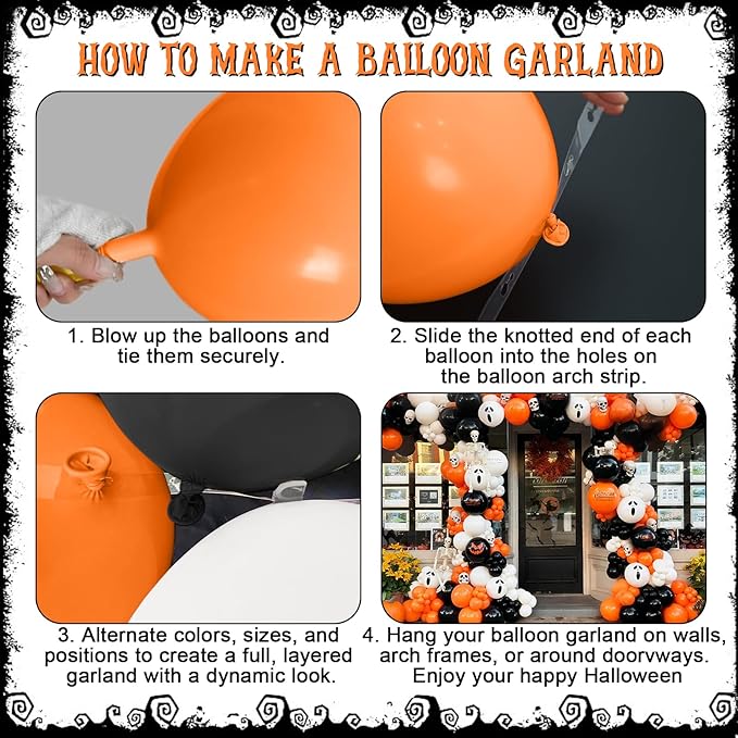 Halloween Balloons Decorations, Pumpkin Skull Balloon Black Orange White Balloon Garland Arch Kit Ghost Balloon for Scary Horror Outdoor Indoor Haunted Halloween Birthday Party Decoration Supplies