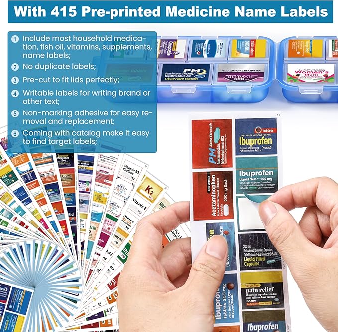 14 Grids Travel Pill Organizer Box with 415-Pcs Medicine Name Labels - Pocket Daily Pharmacy Case Container Kit - Travel Medication Holder Dispenser for Fish Oil Vitamin Supplement Storage -Clear Blue