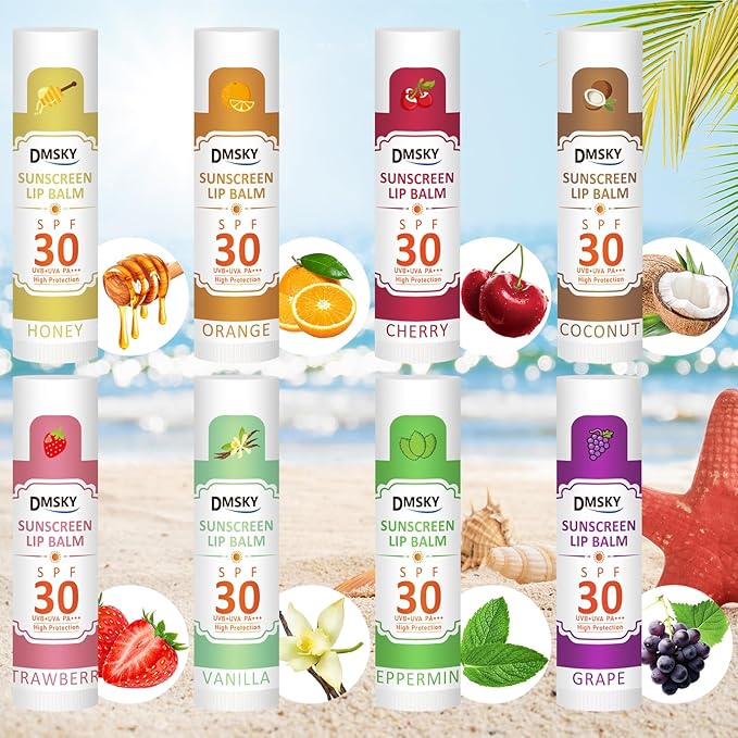 DMSKY SPF 30 Sunscreen lip balm, SPF Lip Balm Bulk Travel Size, Broad Spectrum UVA/UVB Protection, Bulk Lip Sunscreen for Dry Cracked Lips-8 Pcs