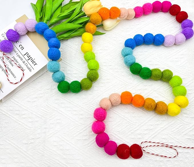 Colorful Wool Felt Ball Banner Garland, Handmade Rainbow Pom Pom Garland for Mantle, Wall, Table Centerpiece | Spring Decorations for Birthday, Christmas Home Kids Playroom Decor 6.56 Ft 60 Balls