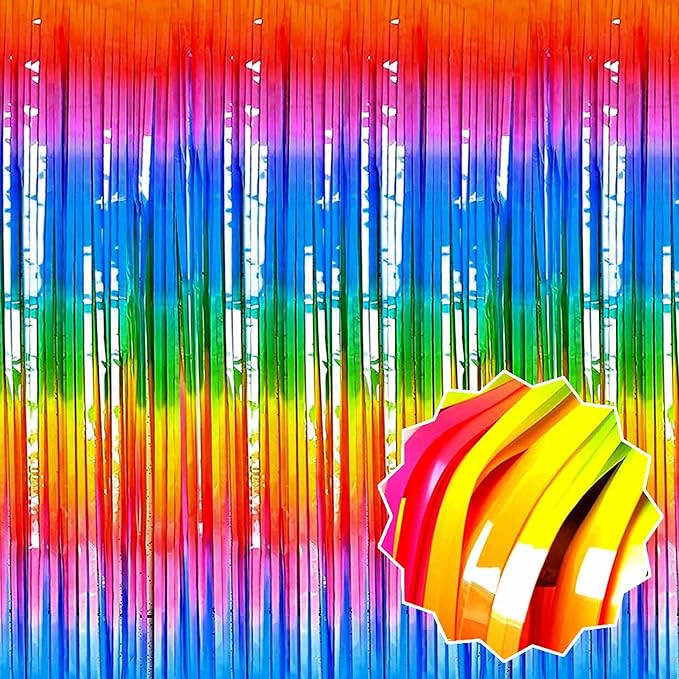6 Pack Dark Rainbow Foil Fringe Curtains Backdrop, 3.28 x 8.2 Ft Metallic Streamers Tinsel Curtains Background for Photo Booth, Birthday, Christmas, Halloween, Thanksgiving, New Year Party Decorations