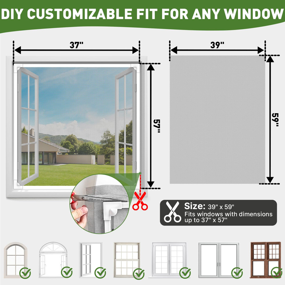 HOFUDON Adjustable Magnetic Window Screen Max 39" x 59", White Frame