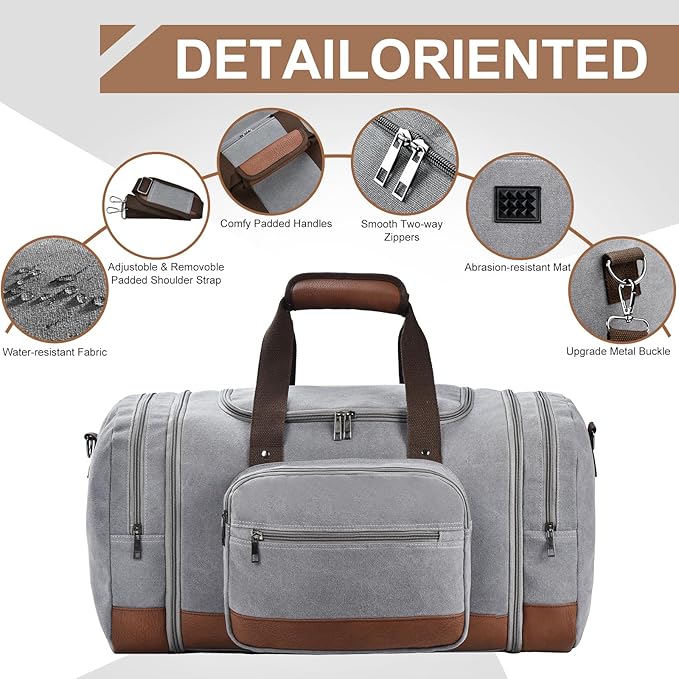 Litvyak Duffle Bag for Travel, 50L Canvas Travel Duffel Bags Overnight Weekend Gym Carry on Luggage Bag for Men & Women(Grey)
