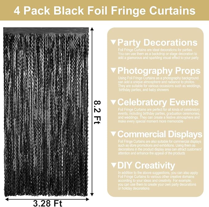 4 Pack Black Wave Foil Fringe Curtain Backdrop, 3.28Ft x 8.2Ft Metallic Tinsel Foil Fringe Streamer Curtains for Photo Booth, Mother's Day, Easter, Birthday, Wedding Party Decoration
