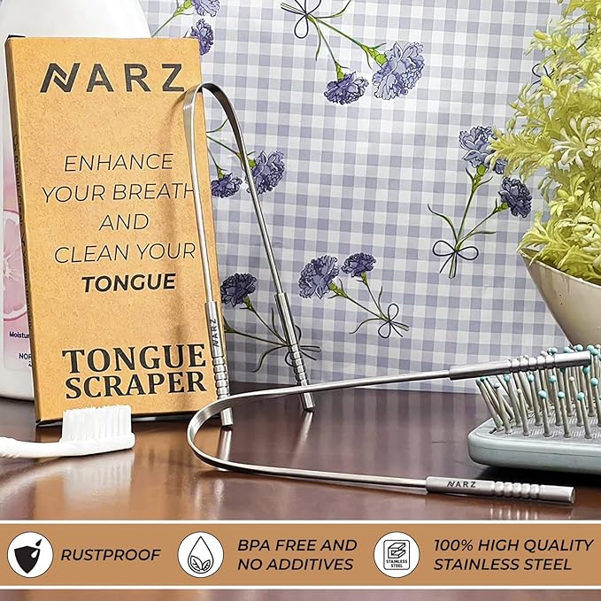 NARZ Tongue Scraper Professional Tongue Cleaner for Bad Breath Reusable Stainless Steel Tongue Scrapers for Oral Care with Dual Carved Handle for Adults & Kids Oral Hygiene 2 Pack