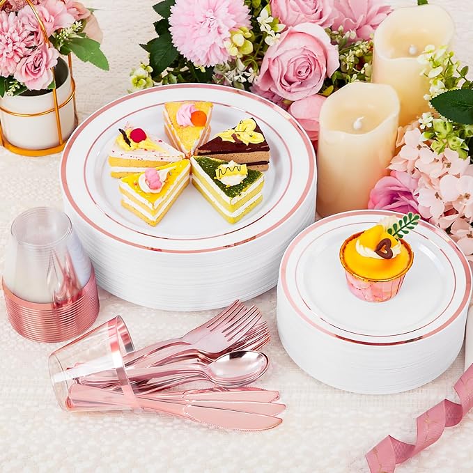 WELLIFE 600 PCS Rose Gold Disposable Dinnerware Set for 100 Guests, Valentine's Day Plate, 100 Each-Dinner & Salad Plates, Cups, Forks Knives Spoons for Wedding Reception and Mothers Day Plates