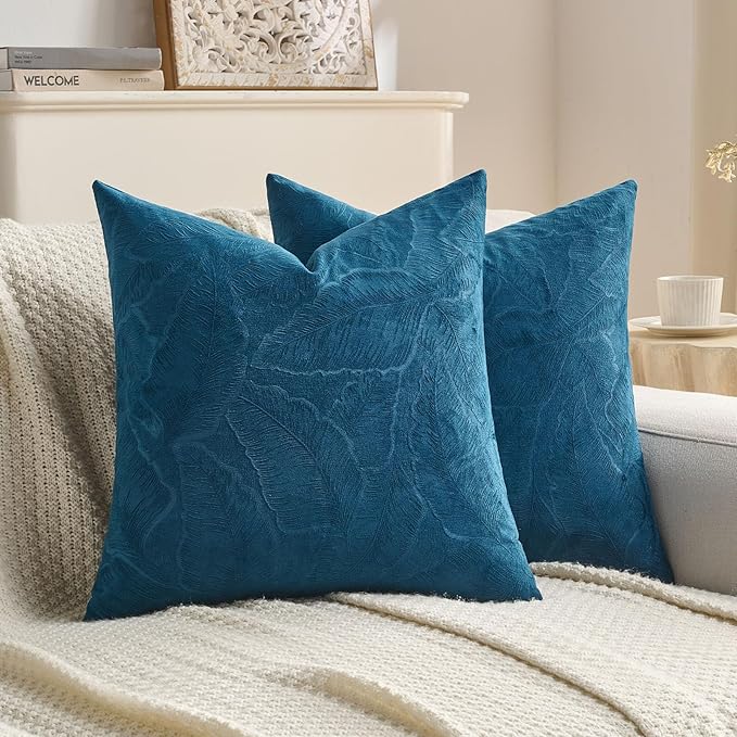 FUTEI Navy Blue Velvet Throw Pillow Covers 22x22 Inch Set of 2,Soft Embossed Leaf-Relief Textured Cushion Cases,Natural Home Decor for Couch Living Room