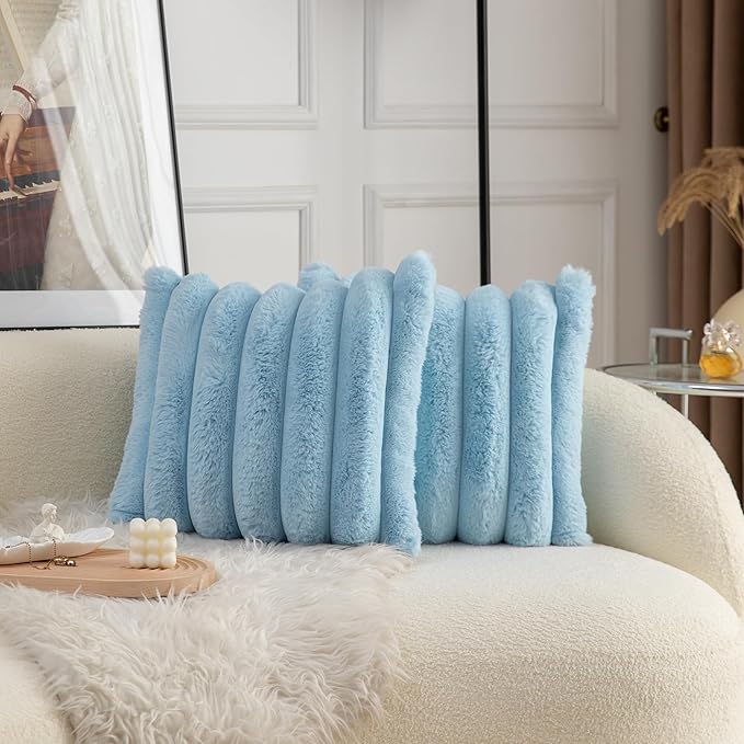 Neelvin Blue Faux Fur Cozy Soft Striped Decorative Throw Pillow Covers 16x16 inch Set of 2,Velvet Pillowcase Cushion Case for Sofa Couch
