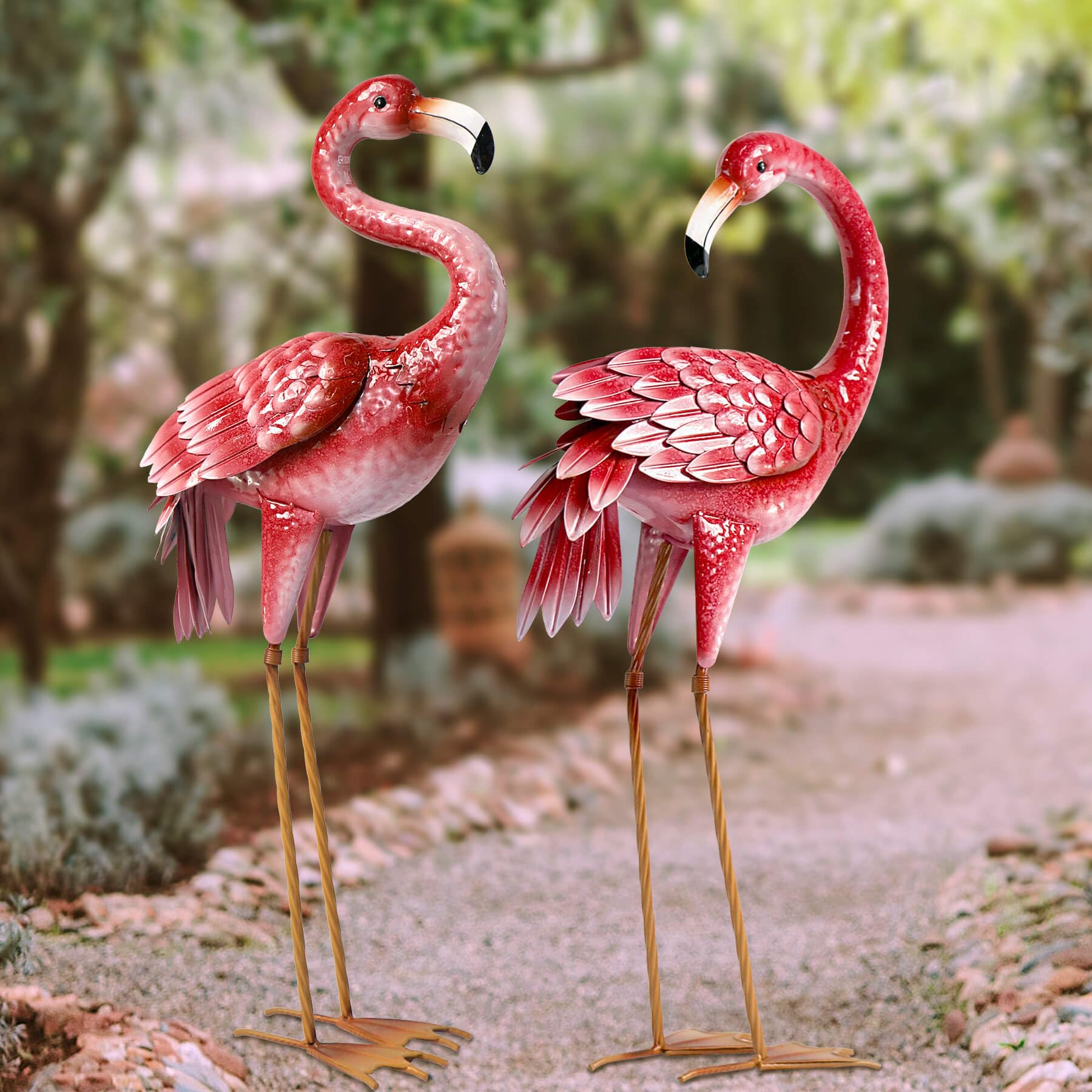 Kircust Flamingo Garden Statues and Sculptures, Metal Birds Yard Art Outdoor Statue, Large Pink Flamingo Lawn Ornaments for Home, Patio, Backyard Decor (2-Pack)