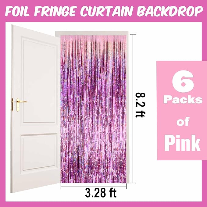 6 Pack Pink Foil Fringe Curtains Backdrop, 3.28 x 8.2 Ft Metallic Streamers Tinsel Curtains Background for Photo Booth, Birthday, Christmas, Halloween, Thanksgiving, New Year Party Decorations