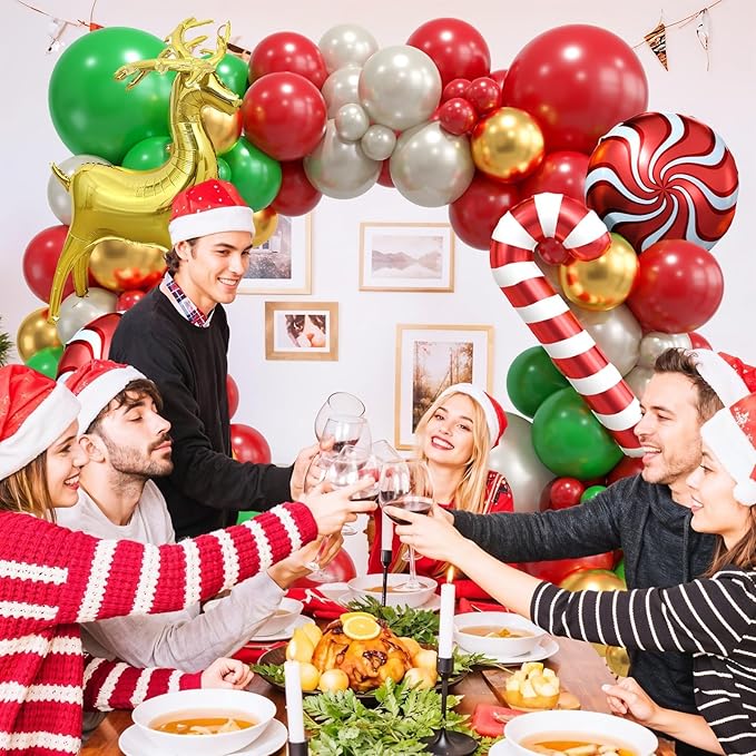 Christmas Balloon Arch Kit, Christma Green Red Sand White Gold Balloons, Candy Crutch Deer Foil Ballons for MerryChristmas Party Decorations Xmas Party Supply Birthday,Baby Shower
