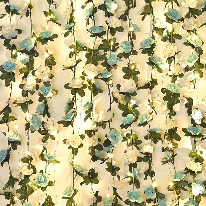 MARTINE MALL Flower Garland Rose Vines, 5 Strands 41Ft Flowers Vines for Bedroom with 33 Ft/100 LED String Lights, Rose Flower Garland Decoration, Rose Floral Garland for Room Table Wedding Decor