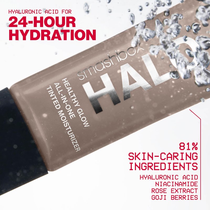 Smashbox Halo Healthy Glow Tinted Moisturizer with SPF 25 | 24-Hour Hydrating Skin Tint with Buildable Coverage and Dewy Finish | Hyaluronic Acid & Niacinamide for Face, Medium Tan, 1.4 Fl Oz