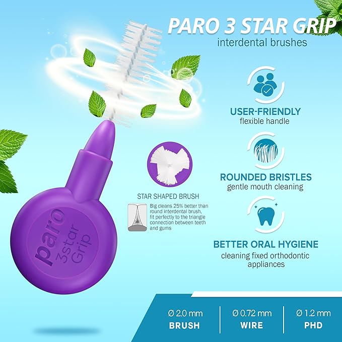 Paro Swiss 3Star-Grip Interdental Brushes – Medium-Coarse, Triangular, Violet, 7mm, 4x6 Pack – Deep Between Teeth Cleaning