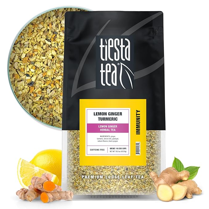 Tiesta Tea - Lemon Ginger Turmeric, Loose Leaf, Lemon Ginger Herbal Tea, Premium Non-Caffeinated Herbal Blend, Make Hot or Iced & Brews Up to 200 Cups, 16 Ounce Resealable Bulk Pouch