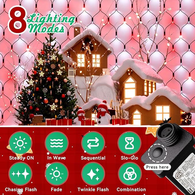 LitHome 14.8FT x 5FT Christmas Net Lights Outdoor, 300 LED Red White Bush Lights 8 Modes, Connectable Waterproof Valentines Net Mesh Light Green Wire for Bushes Shrubs Holiday Valentine's Day Decor