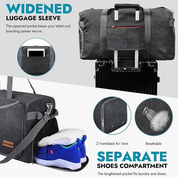 Canway 65L Travel Duffel Bag, Foldable Weekender Bag with Shoes Compartment for Men Women Water-proof & Tear Resistant (Panther Black, 65L)