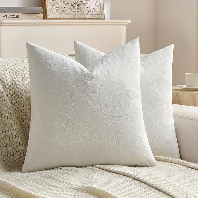 FUTEI Cream Velvet Throw Pillow Covers 20x20 Inch Set of 2,Soft Embossed Leaf-Relief Textured Cushion Cases,Natural Home Decor for Couch Living Room