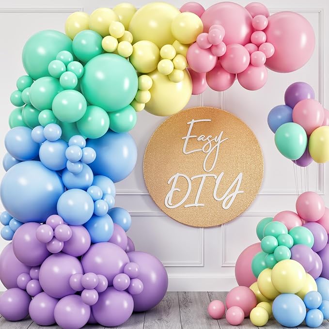 ALL-IN-1 Pastel Balloon Arch Kit for Pastel Party Decorations – Easter Spring Rainbow Party Balloons for Birthday, Baby Shower Decorations - Pastels Balloon Arch Kit with Mixed Sizes Rainbow Balloons