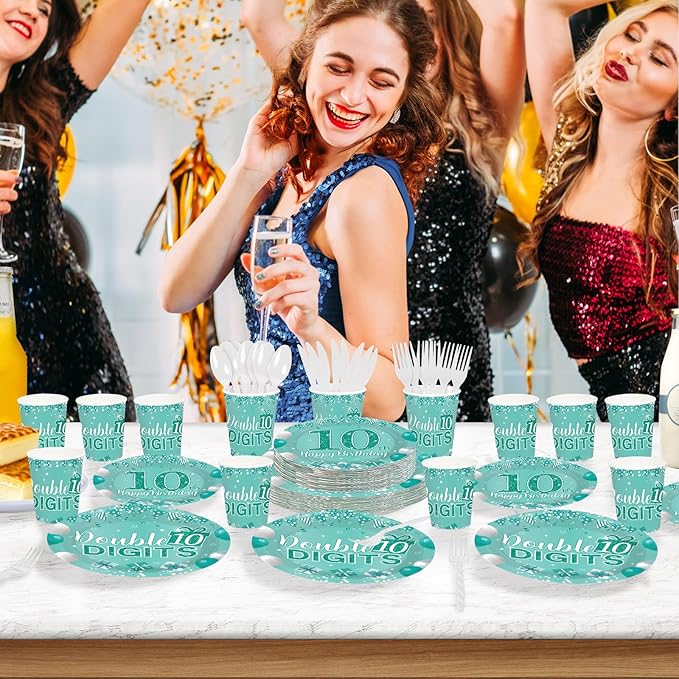 168Pcs 10th Teal and Silver Birthday Party Decorations Double Digits Theme Plates and Napkins Cups Forks Tableware Sets for Boys Girls Green Silver 10 Years Old Birthday Party Supplies Serves 24