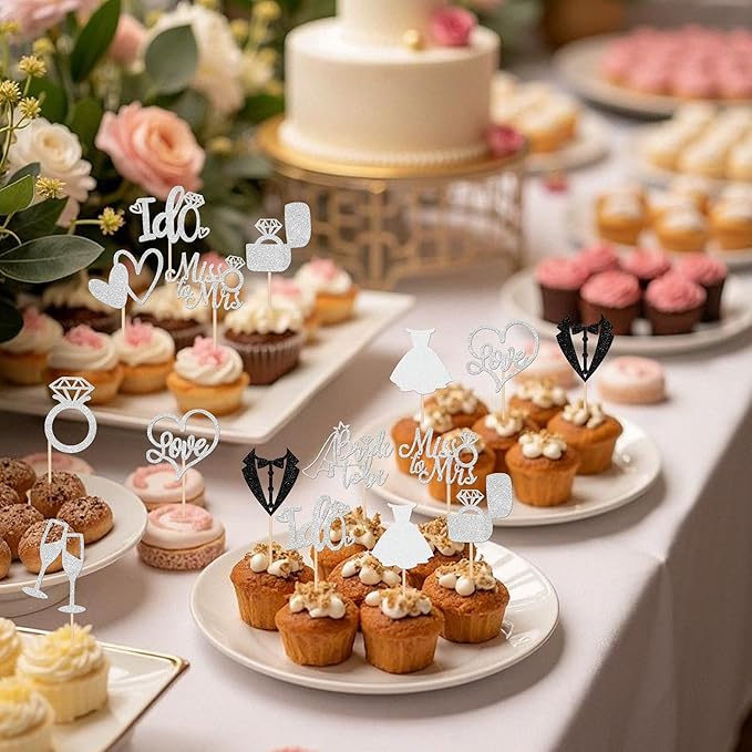 30 PCS Bride to Be Cupcake Toppers Glitter Wedding Cupcake Decorations I Do Love Heart Ring Miss to Mrs Cupcake Picks for Wedding Engagement Bridal Shower Party Cake Decorations Supplies Silver