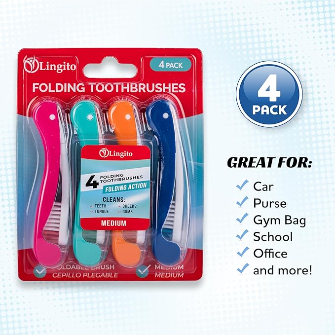 Lingito Travel Toothbrushes - Medium, Mini with Cover, Camping, Folding Travel Size, Adults Kit (4 Pack)