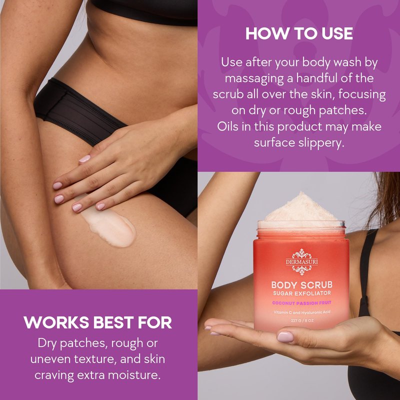 Dermasuri - Exfoliating Sugar Scrub - Body Scrubber for Men & Women - Exfoliates & Removes Dead, Dry Skin for a Soft & Radiant Glow - Deep Hydration & Moisture - Coconut Passion Fruit