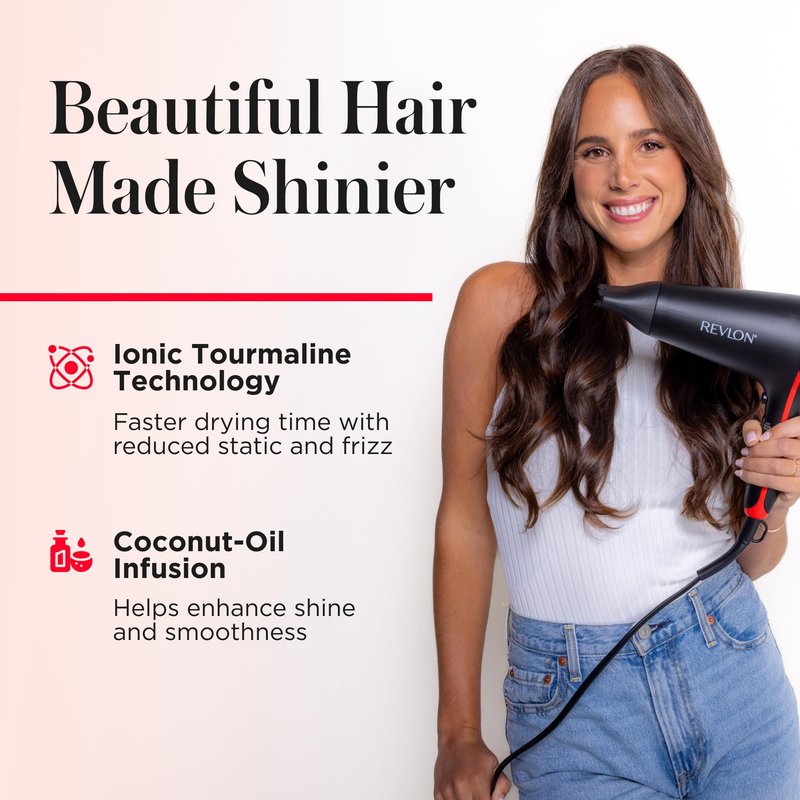 REVLON SmoothStay Hair Dryer with Diffuser, Ionic Ceramic Blow Dryer, Coconut Oil Infused for Frizz Control, Shine and Volume, 1875W Lightweight Dryer with Concentrator for Smooth or Curly Styles