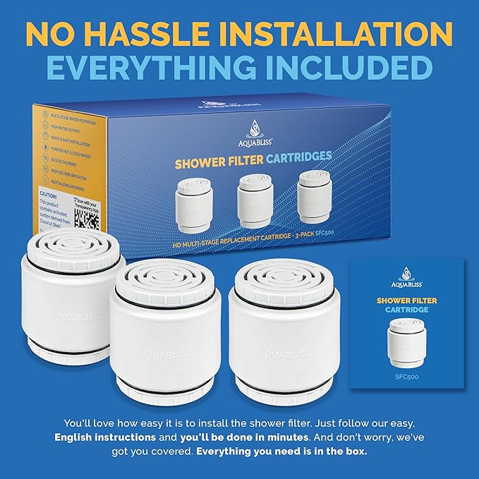 AquaBliss HD Multi Stage Shower Filter Replacement Cartridge for SF400 & SF500-48x Heavy Duty Detox Power. Kiss Itching, Breakage & Dullness Goodbye. Reduce Rust, Chlorine, Toxins. 3-Pack (SFC500)