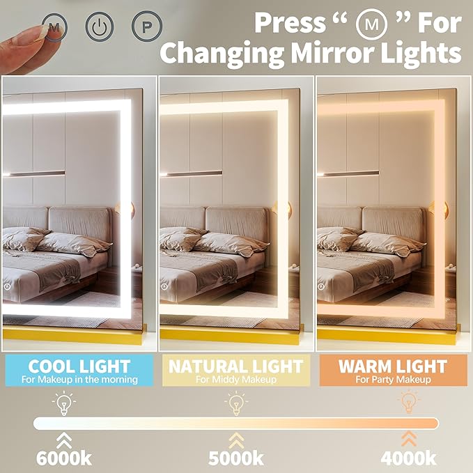 FENNIO 23" x 18" Vanity Mirror with Lights，LED Makeup Mirror，Hollywood Mirror with 3 Color Modes & Adjustable Brightness，Vanity Mirror Square Gold
