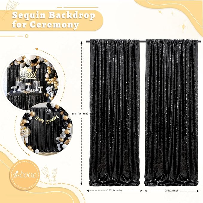 B-COOL Black Sequin Backdrop Curtain Sequin Background Fabric Drapes 2 Panels 2FTx8FT Photography Backdrop for Birthday Wedding Party Stage Photo Booth Decoration