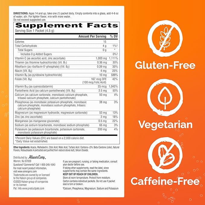 Emergen-C Zero Sugar 1000 mg Vitamin C Powder for Daily Immune Support Caffeine Free Vitamin C Supplements with Zinc and Manganese, B Vitamins and Electrolytes, Raspberry Lemonade Flavor - 36 Count