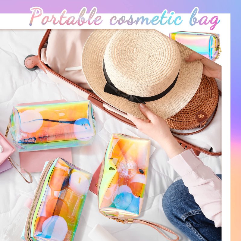 Dunzy 8 Pcs Holographic Iridescent Clear Makeup Bags with Zipper Travel Cosmetic Pouches with Wrist Loop Waterproof Toiletry Organizer Case Home Office Beach Pouch Purse Diaper Vacation Gift Bag(M)
