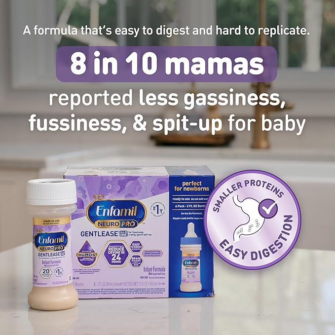 Enfamil NeuroPro Gentlease Ready-to-Feed with Smaller Proteins for Easy Digestion, Brain Supporting DHA, Prebiotic, HuMO6* Blend, Baby Formula for easing Fussiness, Crying, Gas, Spit-up in 24hrs, 2 Fl Oz, 6 Count (Pack of 8)