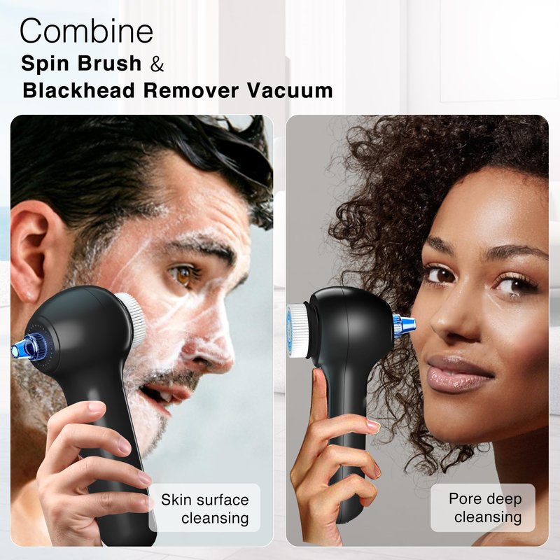 UMICKOO Face Scrubber Exfoliator,Facial Cleansing Brush Waterproof with LCD Screen,Blackhead Remover Vacuum with 5 Brush Heads,Face Spin Brush for Exfoliating (White-Blue)