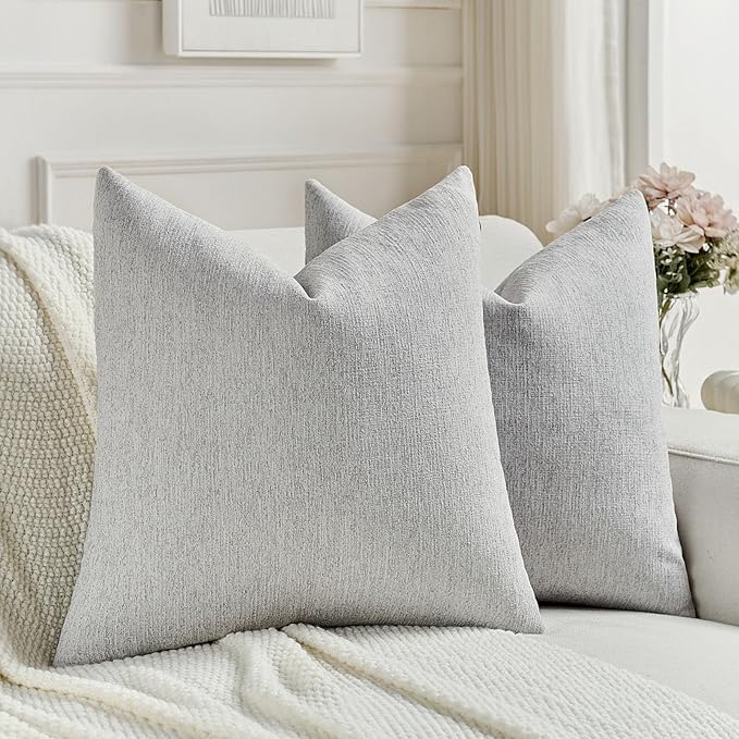 FUTEI Light Grey Chenille Decorative Throw Pillow Covers 24x24 Inch Set of 2,Soft Cozy Faux Linen Textured European Pillow Shams,Farmhouse Home Decor for Couch Living Room