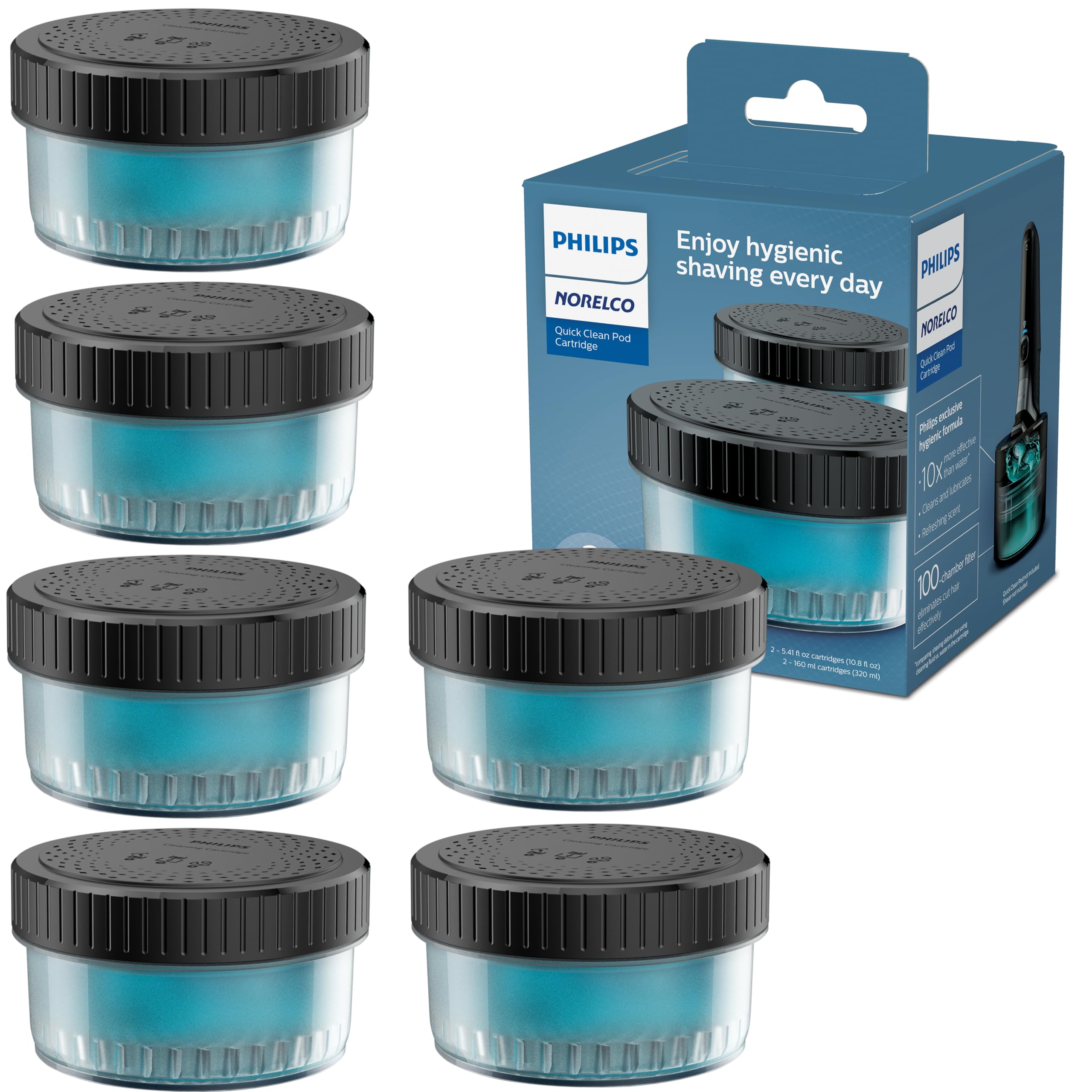 Norelco Philips Quick Clean Pod Cartridge, Lubricates Shaver and Eliminates Cut Hair, 6x 5.4 fl oz Cartridges (Up to 1.5yr Supply), BD9011AZ