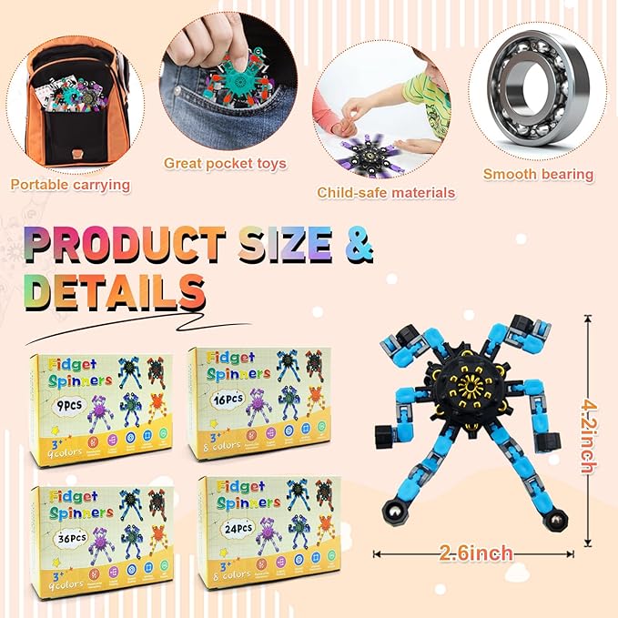 Transformable Fidget Spinners,Kids Easter Basket Stuffers Funny Stress Relief Sensory Fidget Toys,Deformable Chain DIY Robot Fingertip Gyros Toys Party Favors Easter Basket for Kids and Adults (16PC)