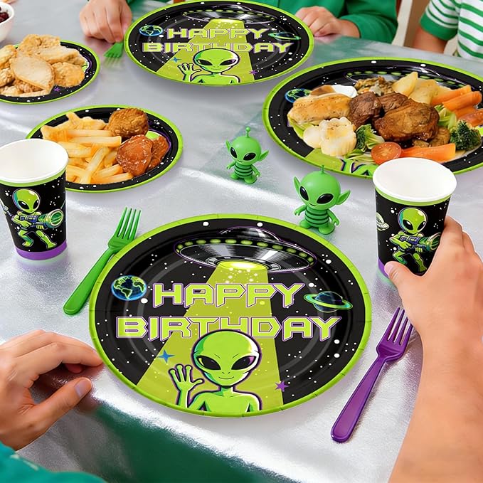 220 Pcs Alien Birthday Party Decorations Tableware Set - Service 25 Guests - Includes Banner, Cake Topper, Balloons, Plates And Napkins Paper Cup - For UFO Theme Party
