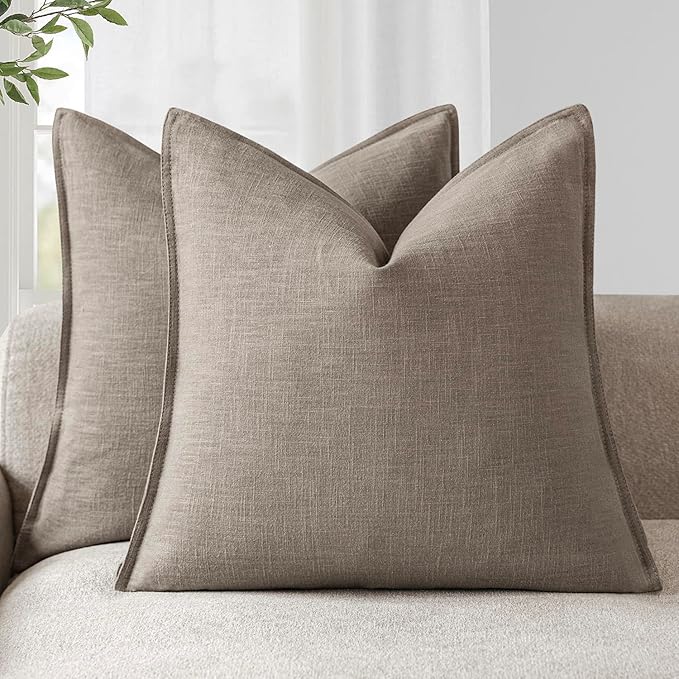 Foindtower Set of 2, Decorative Linen Soild Throw Pillow Covers Soft Accent Euro Cushion Case Farmhouse Neutral Pillowcase for Chair Couch Sofa Bedroom Living Room Home Decor 24 x 24 Inch Brown Tan