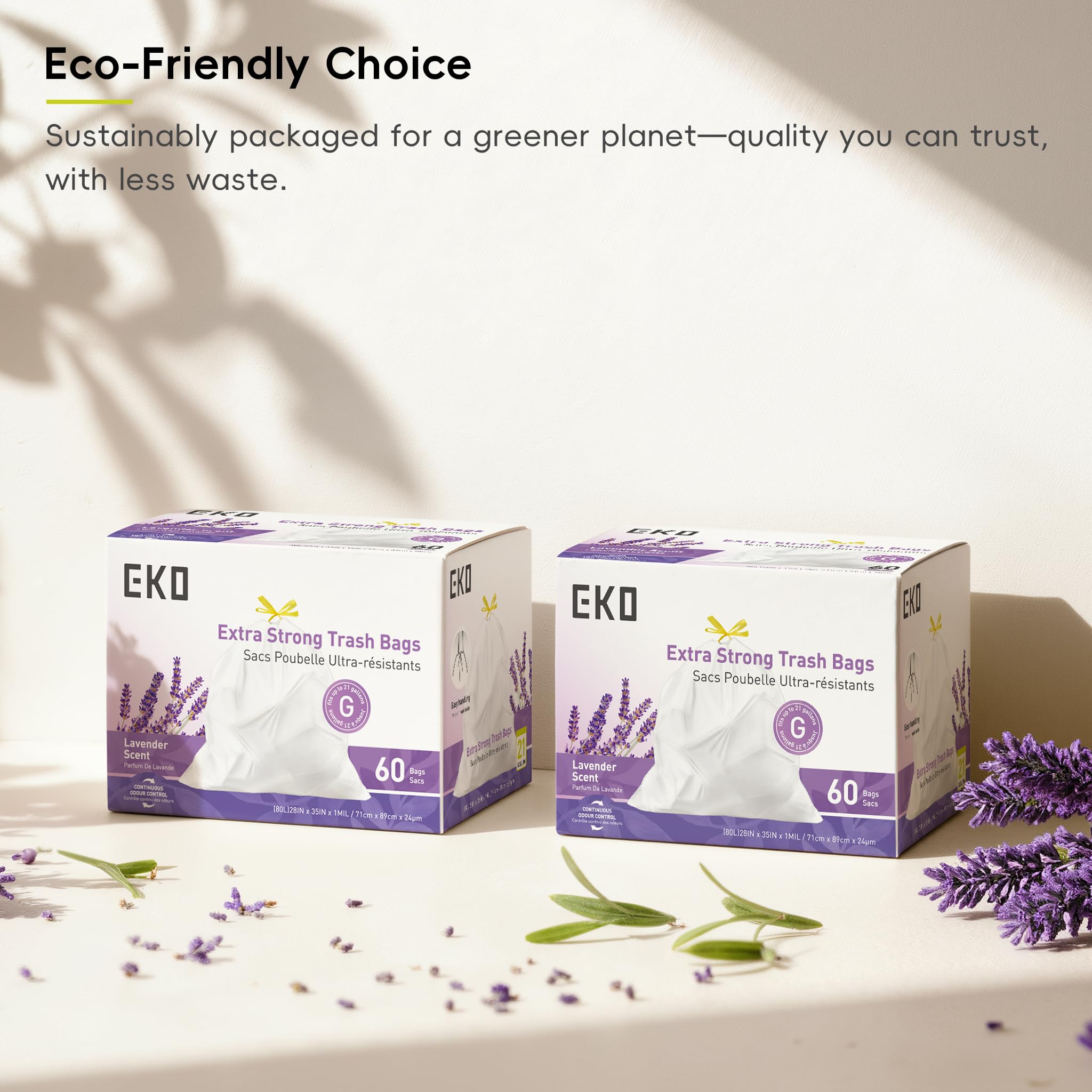 EKO 21 Gallon / 50-90 Liter, 60 Count Drawstring Trash Bags, Extra-Strong Garbage Bags, Lavender Scent with Continuous Odor Control, Easy-Dispense Roll for Kitchen and Household Use, Code G, White
