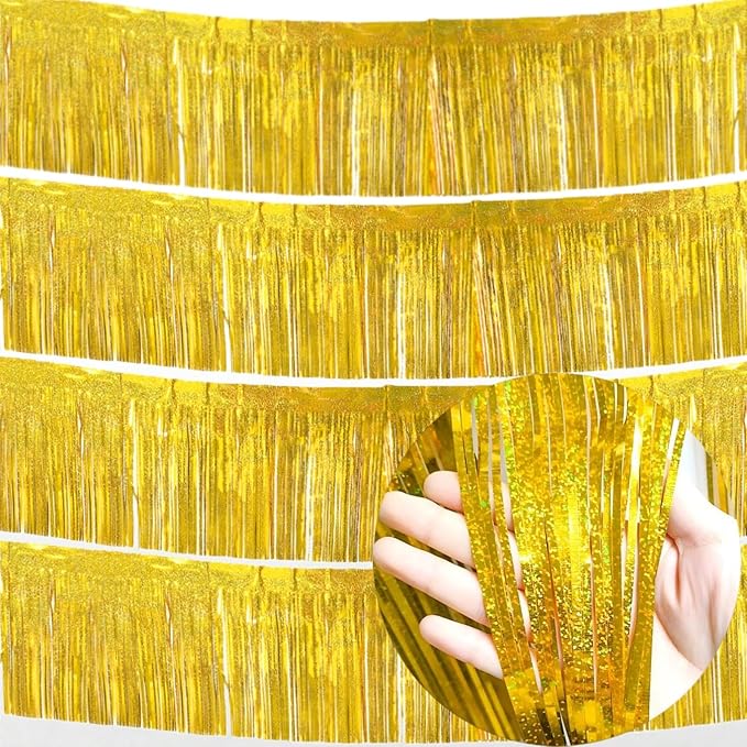 4 Packs 10 Feet Long Laser Gold Foil Fringe Garland Shiny Metallic Tinsel Table Skirts Wall Hanging Banner for Car Parade Birthday Parties Floats Wedding Baby Shower Bachelorette Garden Decorations